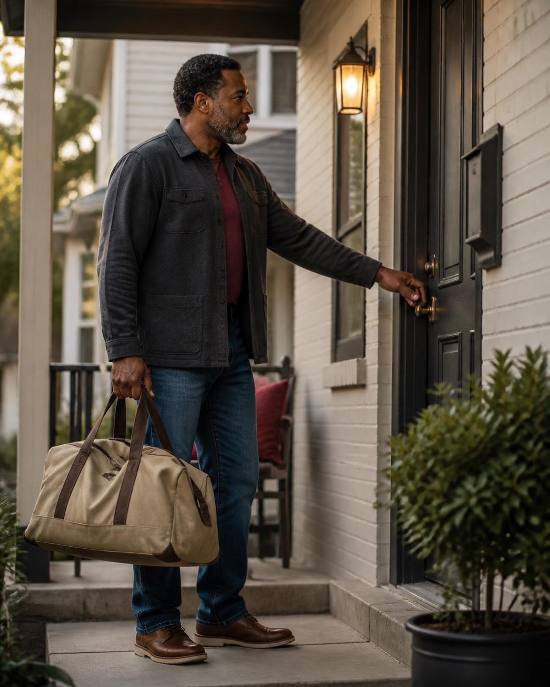 An independent adult arriving at a welcoming residential doorway